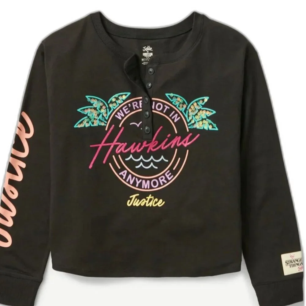 Justice Girls XS STRANGER THINGS Long Sleeve Black Henley Shirt SIZE 5-6 NEW